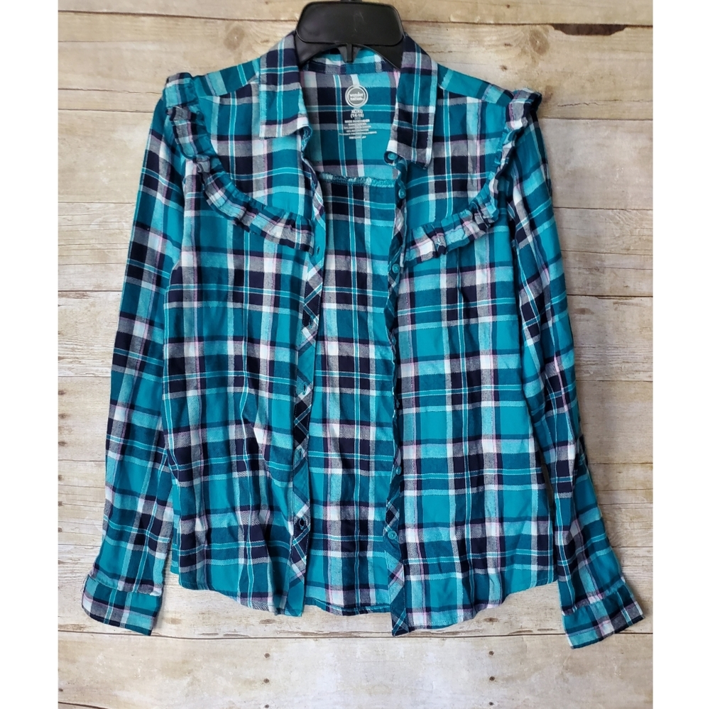 Wonder Nation Girls Teal Plaid Button Up - EUC